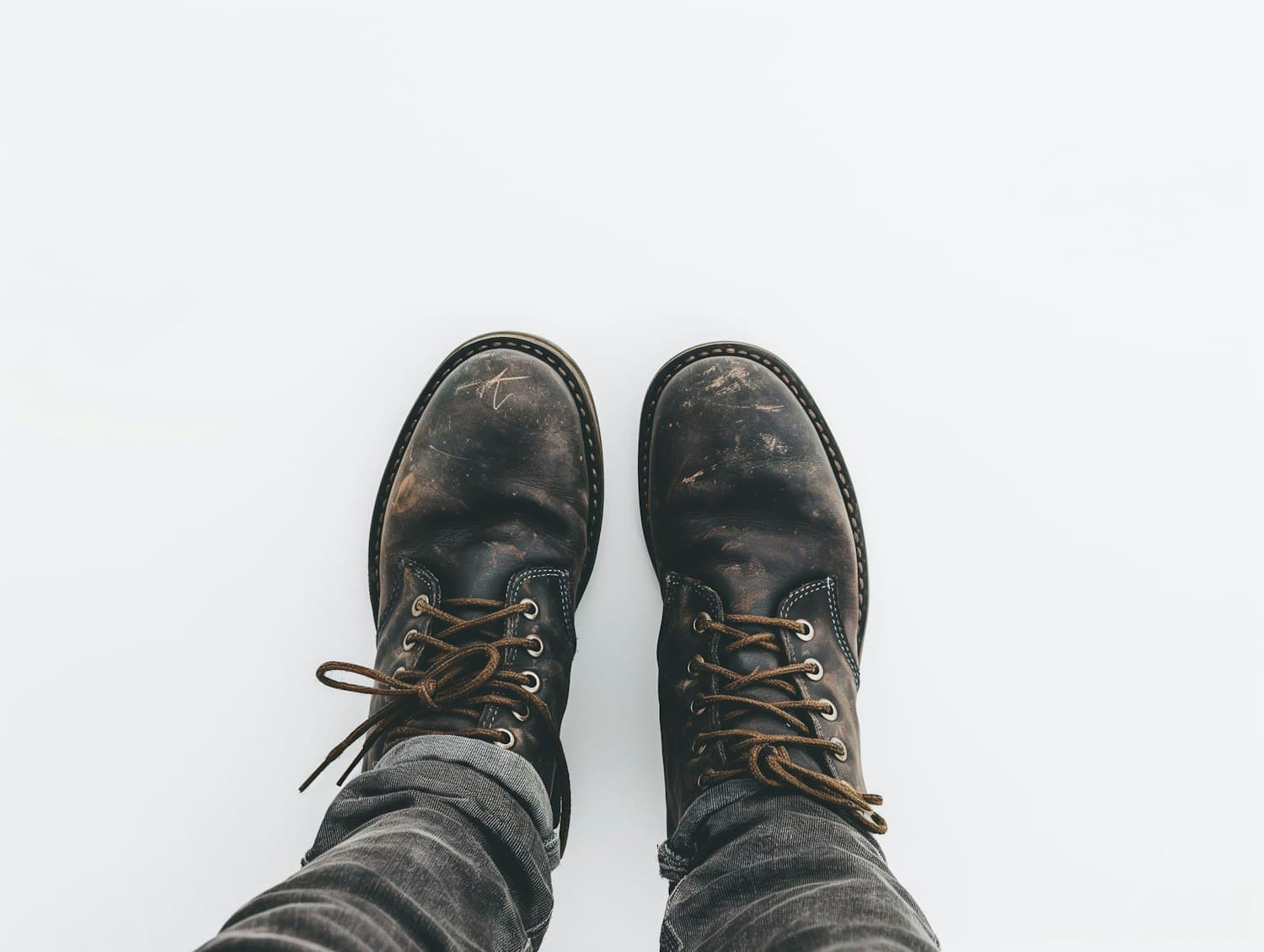 A pair of worn, scuffed leather hiking boots seen from above