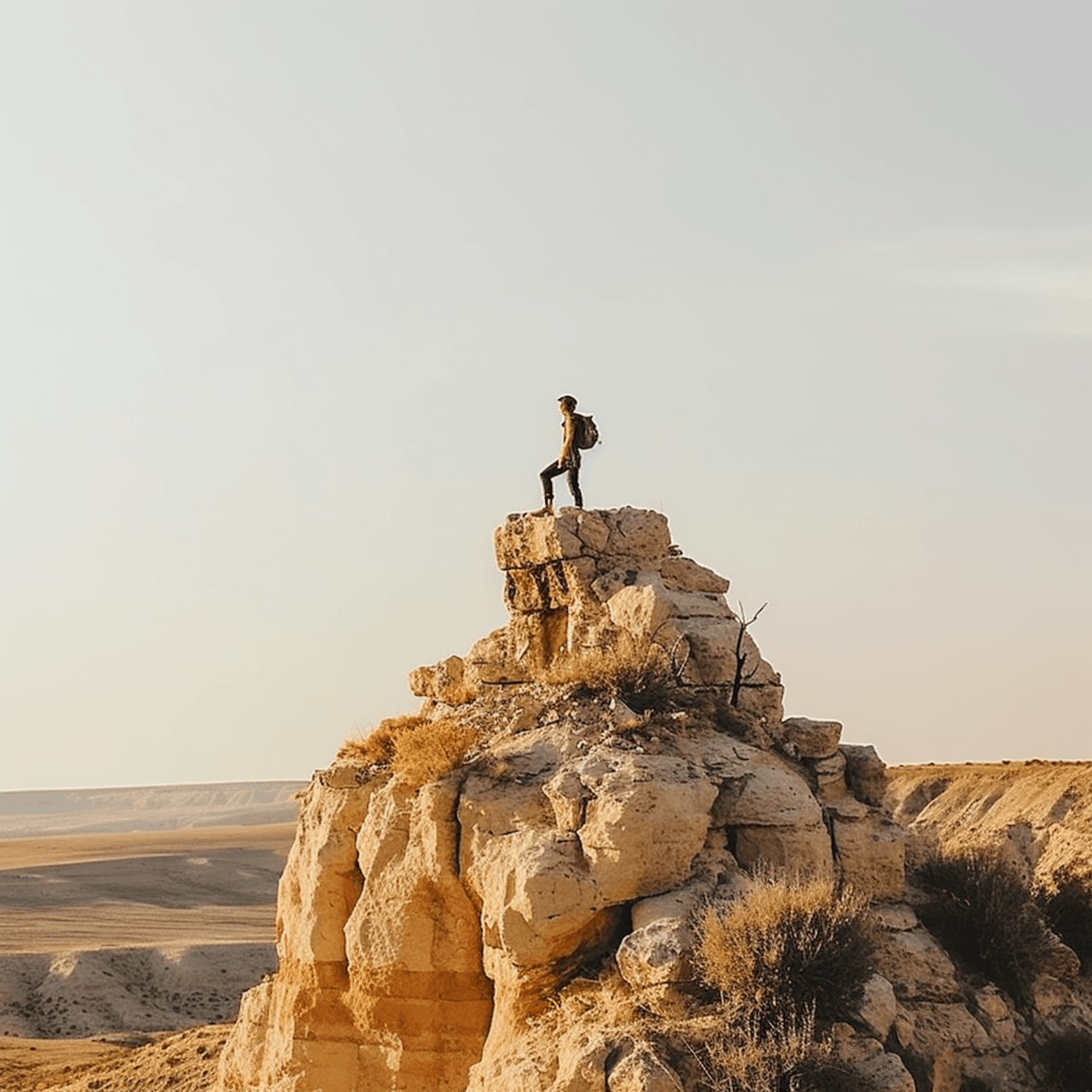 A hiker with a backpack standing on top of a sandstone rock tower in golden evening light