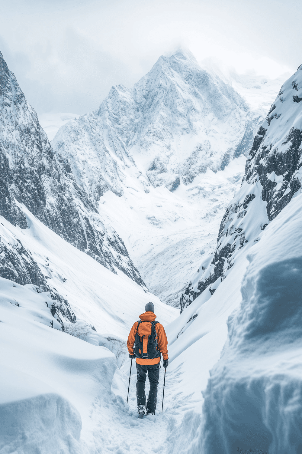 A hiker in an orange jacket walking up a snowy valley towards a tall, snow-covered peak